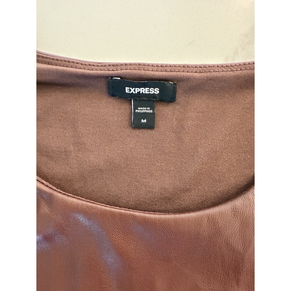 Express Faux Leather Peplum Blouse Top Brown Women's Size Medium - Picture 2 of 6